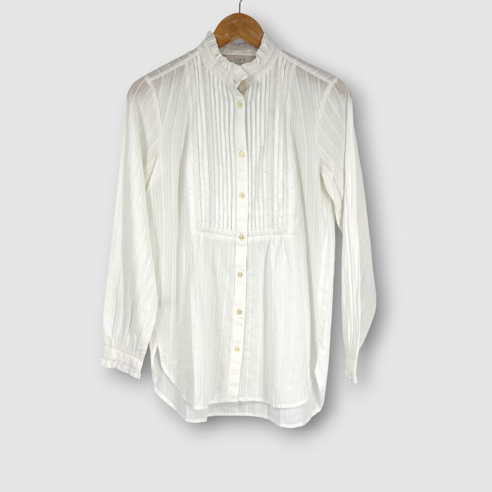 LOFT White Pintuck Ruffle Mock Neck Cotton Button Down Blouse XS NWT